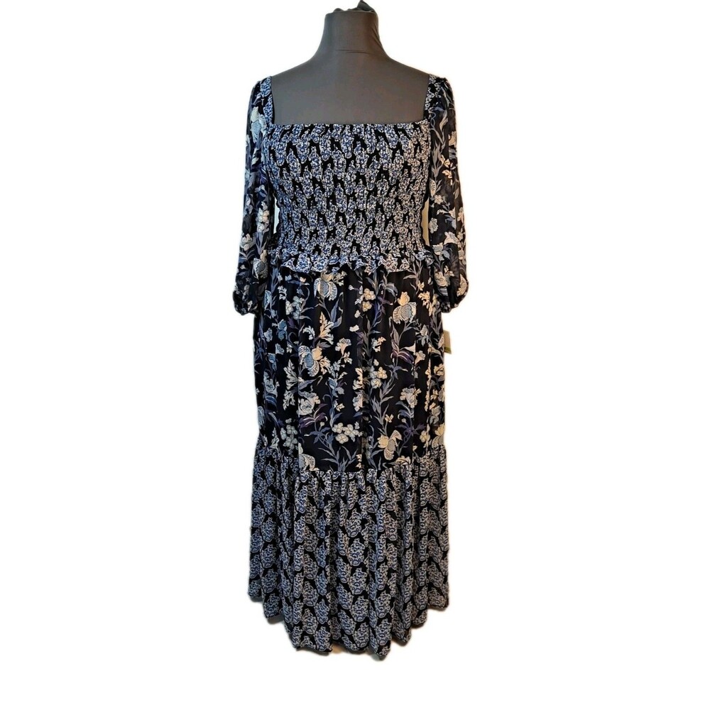 Taylor Women's Maxi Dress Size 18W Mixed Print Smocked Top Tiered Blue Floral